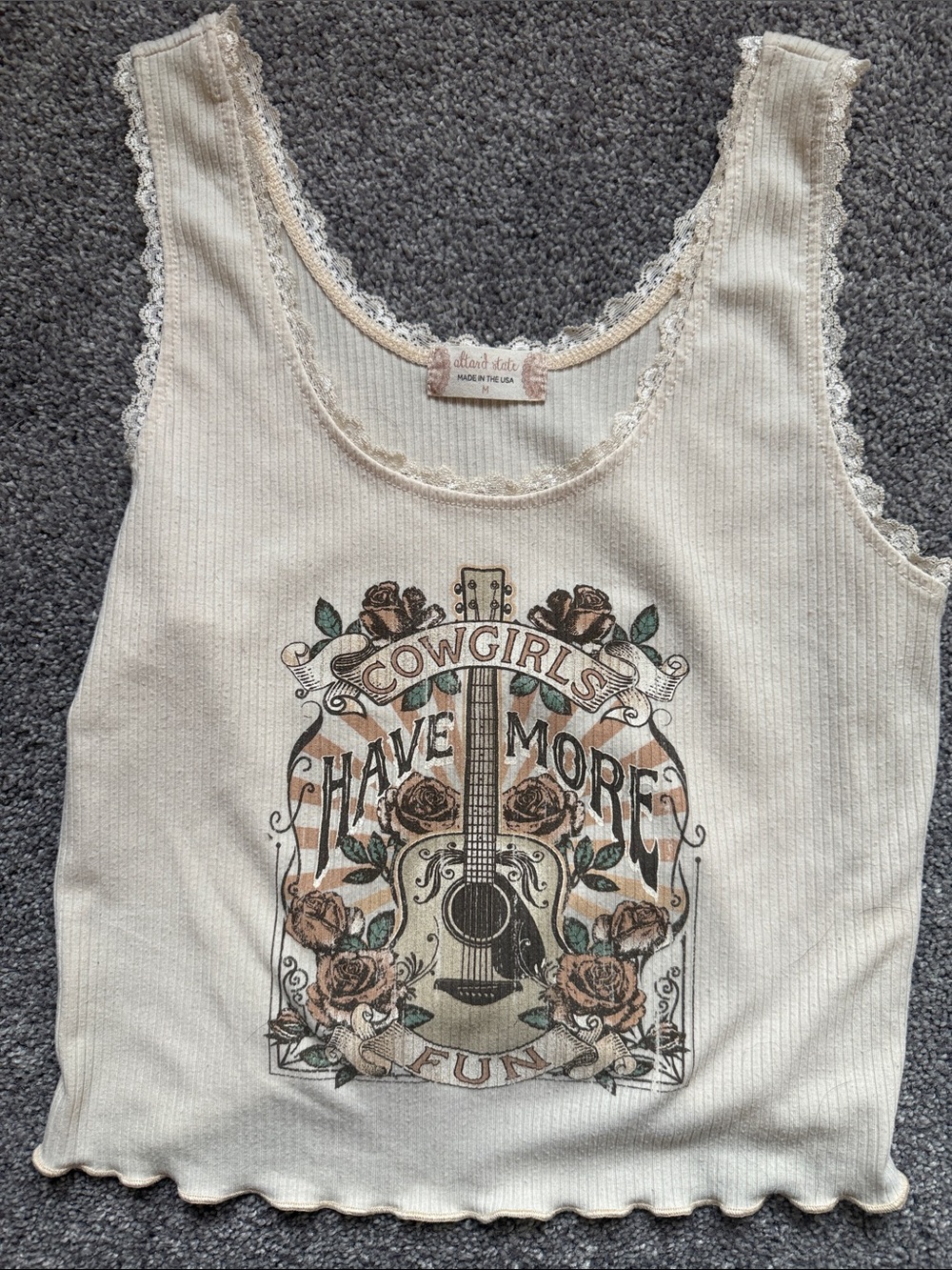 Altar'd State Cream Ribbed Graphic Tank with Lace Trim